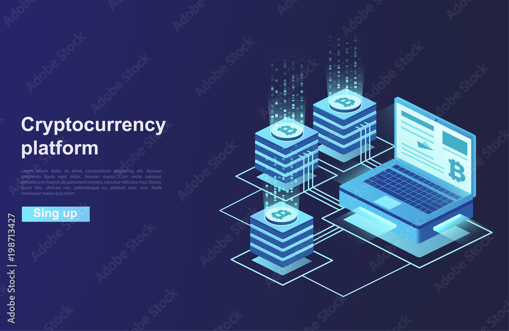 Poster cryptocurrency and blockchain. platform creation of digital currency. web business, analytics and ma