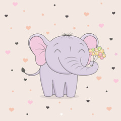 Cute elephant with flowers on background of hearts. Children's graphics.