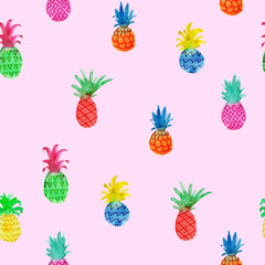 Seamless pattern with multi-colored pineapple on a pink background. Watercolor