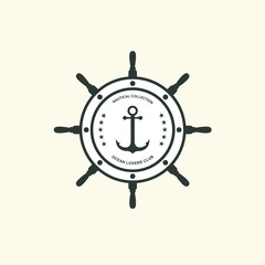 Sea and nautical typography badge and design element. Template for company icon or web decoration. Marine cruise, beach resort, shipbuilding Anchor, steering wheel. Vector collection. Logo