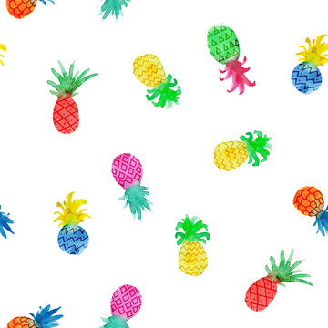Seamless pattern with multi-colored pineapple on a white background. Watercolor