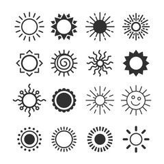 Sun icon vector set in a flat style. Different icons for summer logo. Collection of graphic illustrations on an isolated background. various icons with rays.