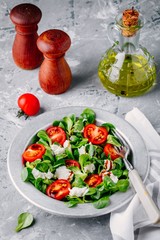 fresh salad bowl with green leaves, mozzarella, tomatoes and balsamic sauce