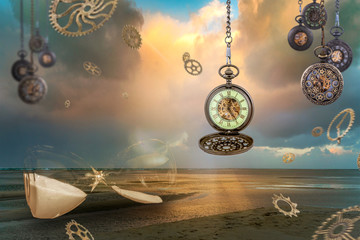 "The Tides" is a surreal fantasy image with different clocks and the sea.
