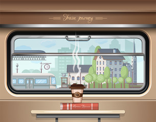 A glass of coffee and a book on the table in the train car. Train journey. View of the railway station from the train window. Vector illustration