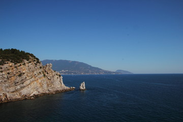 Naklejka premium View of the sea and the mountainous coast in the Crimea near the Swallow's Nest.