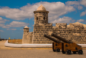 The old colonial castle of San Salvador de la Punta. The guns stand at the entrance. Havana, Cuba.