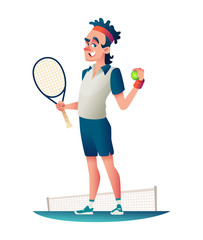 Funny happy tennis player standing on a tennis court. Cartoon character design  illustration