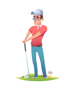 Funny cheerful golfer standing at the golf course. Cartoon character design  illustration.