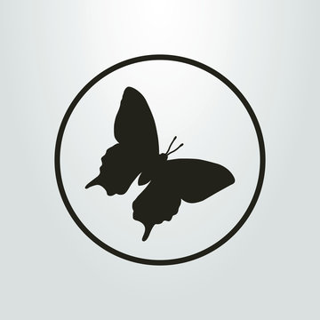 Black and white icon with a butterfly in a round frame