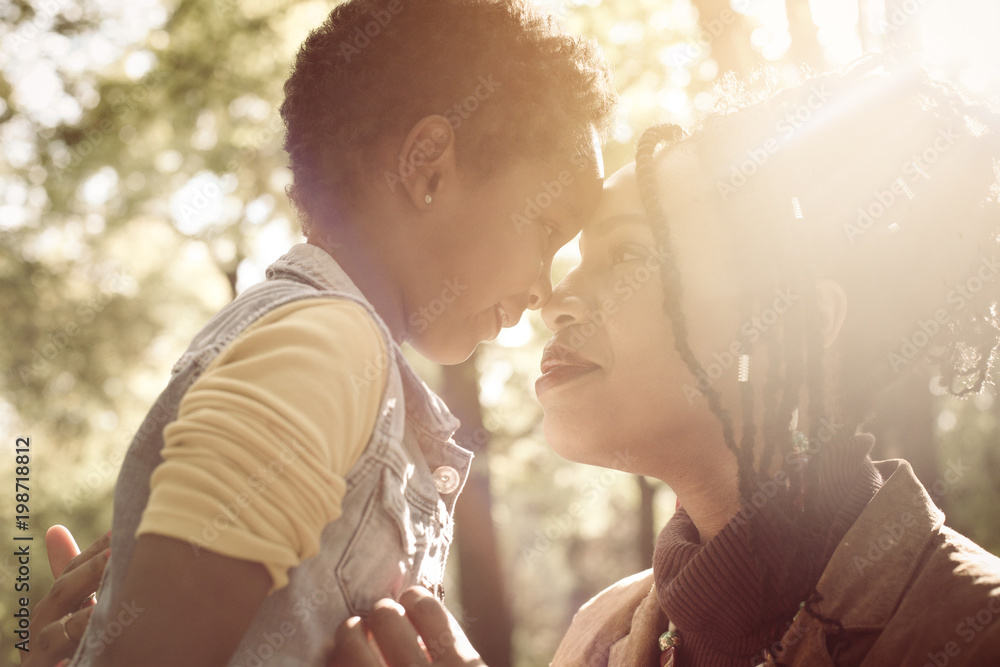 Canvas Prints African American mother with her daughter looking each other in meadow.