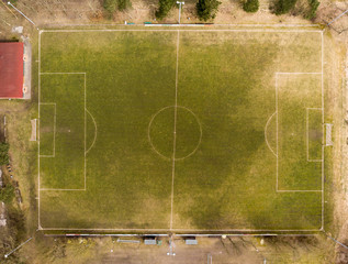 Aerial view of a football field of a district league team in a village in the heath