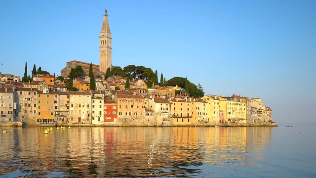 Rovinj , Croatia - Panoramic view of old town of Rovinj skyline in Istria peninsular, Croatia at waterfront street. Rovinj is a popular tourist resort, fishing port and culture travel of Croatia.