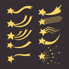 Falling stars vector set with different tails. Shooting star isolated from background. Icons of meteorites and comets. Graphic illustration for web design
