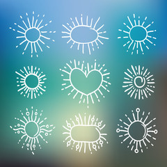 Set of linear drawing of rays of the sun in vintage style. Oval elements, round stickers sunbursts. Graphic illustration for web design