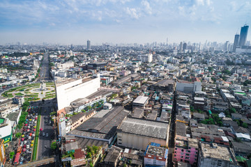 Aerial view of modern city traffic road with building