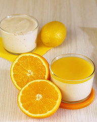 Food. Panna cotta. Italian milk citrus dessert made of yogurt and cream with lemon and orange.