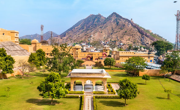 View of Amer Fort Garden. A major tourist attraction in Jaipur - Rajasthan, India