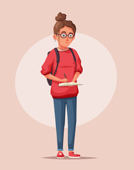 Happy student with a backpack and a book. Cheerful young man. Cartoon vector illustration