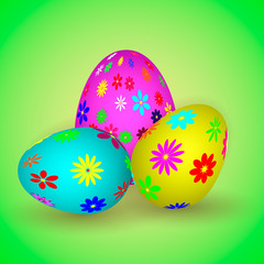  llustration of three easter eggs with colorful flowers. 