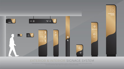 exterior and interior signage concept. direction, pole, wall mount and traffic signage system design template set. empty space for logo, text, black and gold corporate identity - obrazy, fototapety, plakaty