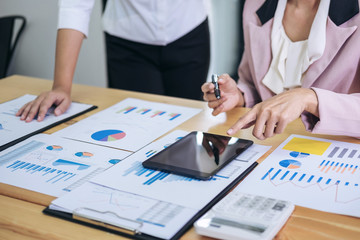 Business team meeting present. secretary presentation new idea and making report to professional investor with new finance project plan during discussion at meeting