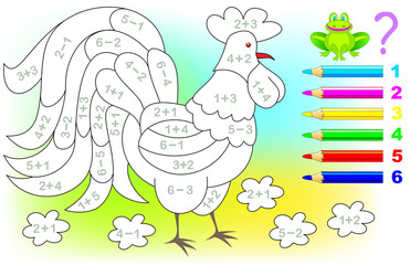 Mathematical worksheet for young children on addition and subtraction. Need to solve examples and paint the picture in relevant colors. Developing skills for counting. Vector image. © nataljacernecka