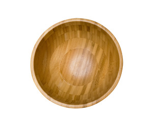 Close up shot from top view of empty wood bowl isolated on white background.