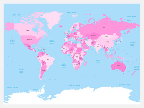 World map atlas. Pink colored political map with blue seas and oceans. Vector illustration.