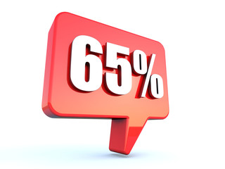 65 percent off sign on glossy red rectangle bubble on white background