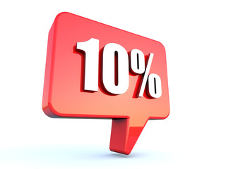 10 percent off sign on glossy red rectangle bubble on white background