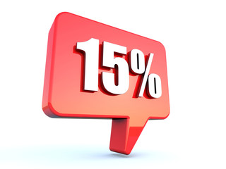 15 percent off sign on glossy red rectangle bubble on white background
