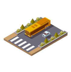 bus with car, vector isometric illustration, cityscape, public transport, city street in 3d, traffic along the route
