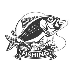 Red snapper with rods and ocean waves fishing logo isolated on white  illustration.