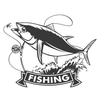 Tuna big fishing on white logo illustration. illustration can be used for creating logo and emblem for fishing clubs, prints, web and other crafts.