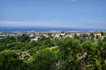 Naklejka na ściany i meble Summer view from cyprus castle to the sea and buildings
