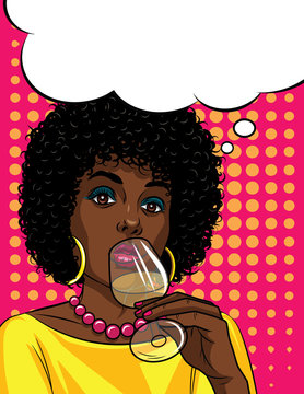 Colorful illustration in pop art style of beautiful african american girl drinking an alcohol . Fashionable woman holding glass with alcohol in her hand over  pink halftone dot background