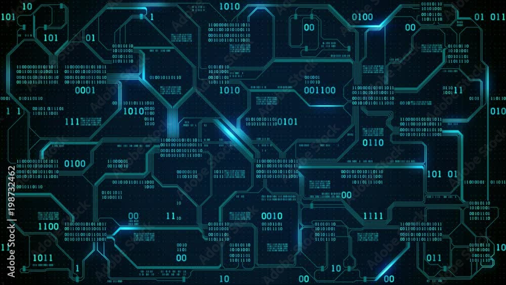 Aufkleber Abstract futuristic electronic circuit board with binary code, neural network and big data - an element of artificial intelligence, matrix background with digits, seamless loop