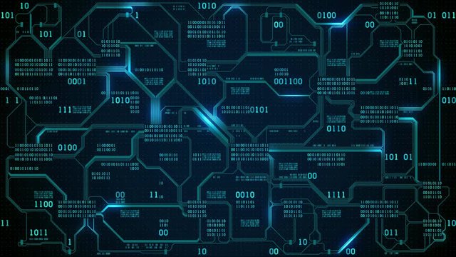 Abstract futuristic electronic circuit board with binary code, neural network and big data - an element of artificial intelligence, matrix background with digits, seamless loop
