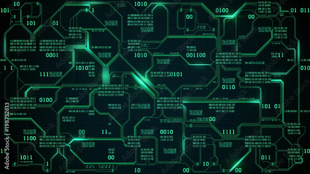 Poster Abstract futuristic electronic circuit board with binary code, neural network and big data - an element of artificial intelligence, matrix background with digits, seamless loop