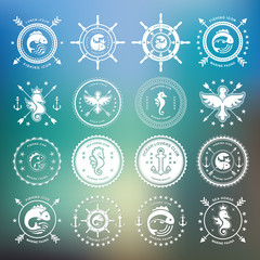 Set of sea and nautical typography badges and design elements. Templates for company icon or web decoration. Marine cruise, beach resort, shipbuilding. Vector collection. Logotype Logo