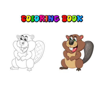 Cartoon beaver coloring book isolated on white background