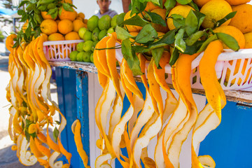 Peel of an orange isolated. Sale of fresh juice on the Essaouira street. Lifestyle , health care, healthy lifestyle, healthy food, healthy drinks, fruits.
