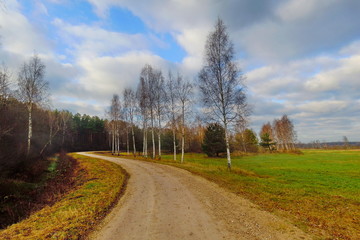 Fototapeta na wymiar Autumn landscape with unpaved road and clouds
