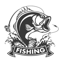 Fishing logo. Bass fish with rod club emblem. Fishing theme vector illustration. Isolated on white.