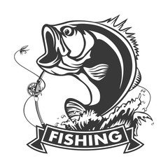 Fishing logo. Bass fish with rod club emblem. Fishing theme vector illustration. Isolated on white.