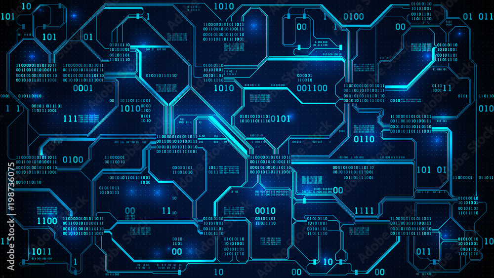Poster Abstract futuristic electronic circuit board with binary code, neural network and big data - an element of artificial intelligence, matrix background with digits, well organized layers