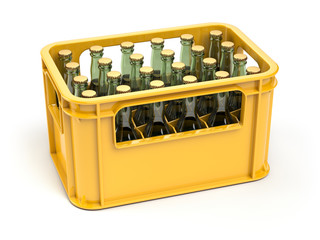 Crate full of beer bottles isolated on white background