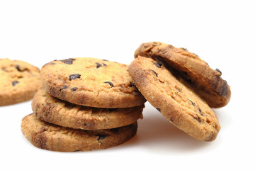 Chocolate chip cookies on white background.