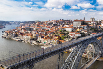Obraz premium Aerial iew of the historic city of Porto, Dom Luiz bridge. Porto, Portugal